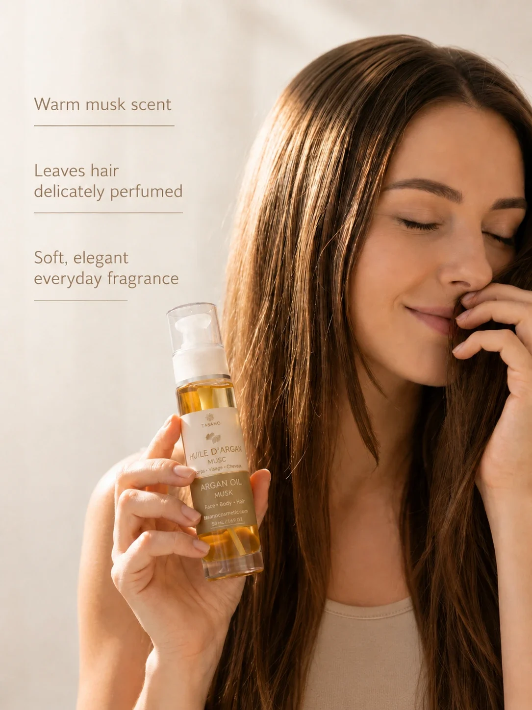 TASANO Musk Argan Oil with warm musk scent for hair and body care