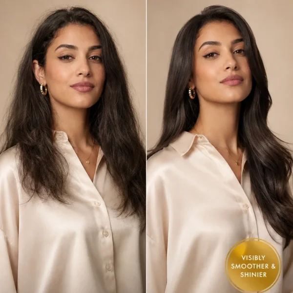 Before and after hair results showing smoother shinier hair with amber argan oil Before and after hair results showing smoother shinier hair with amber argan oil
