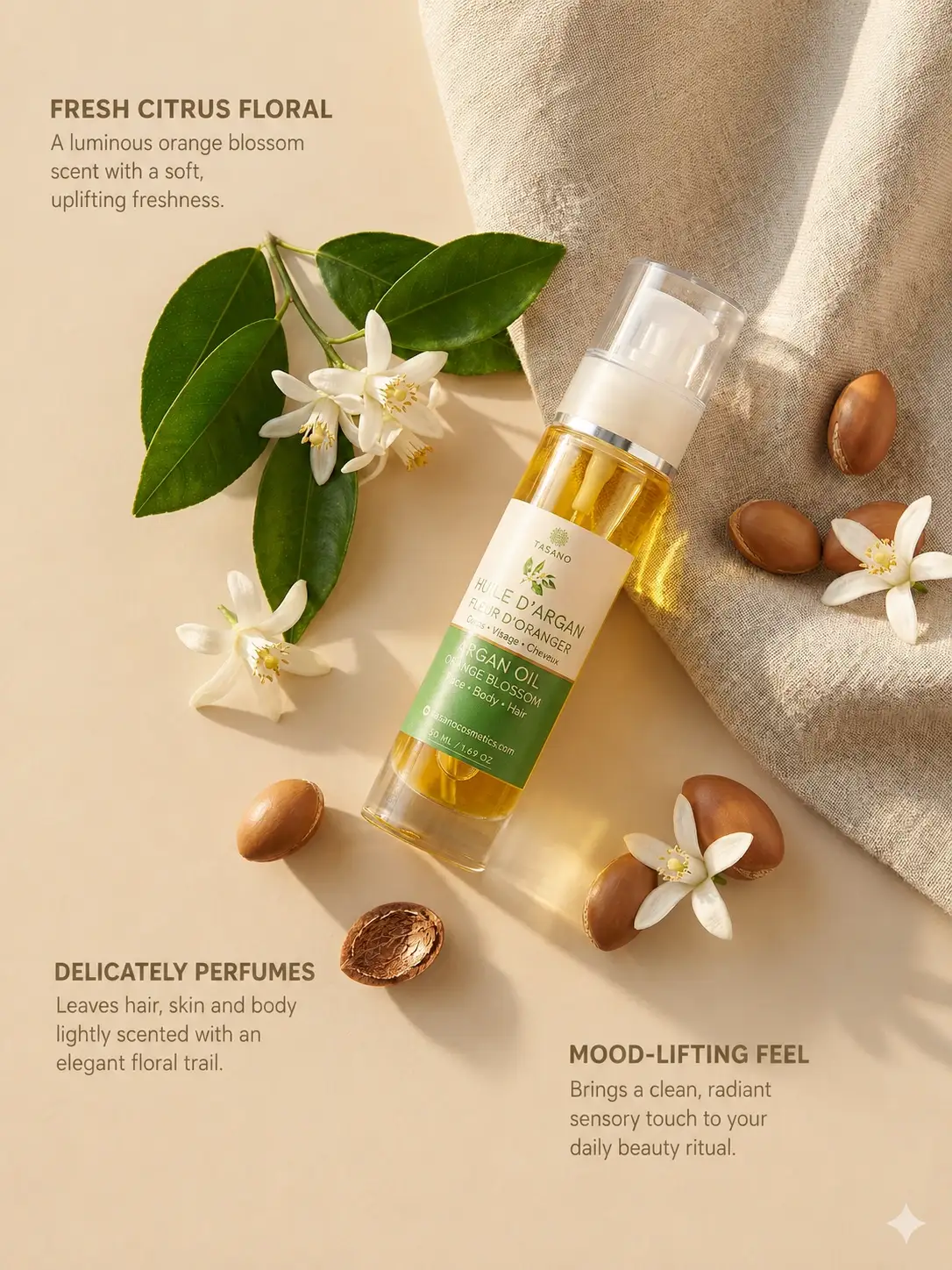 TASANO Orange Blossom Argan Oil with fresh floral orange blossom scent for hair and body