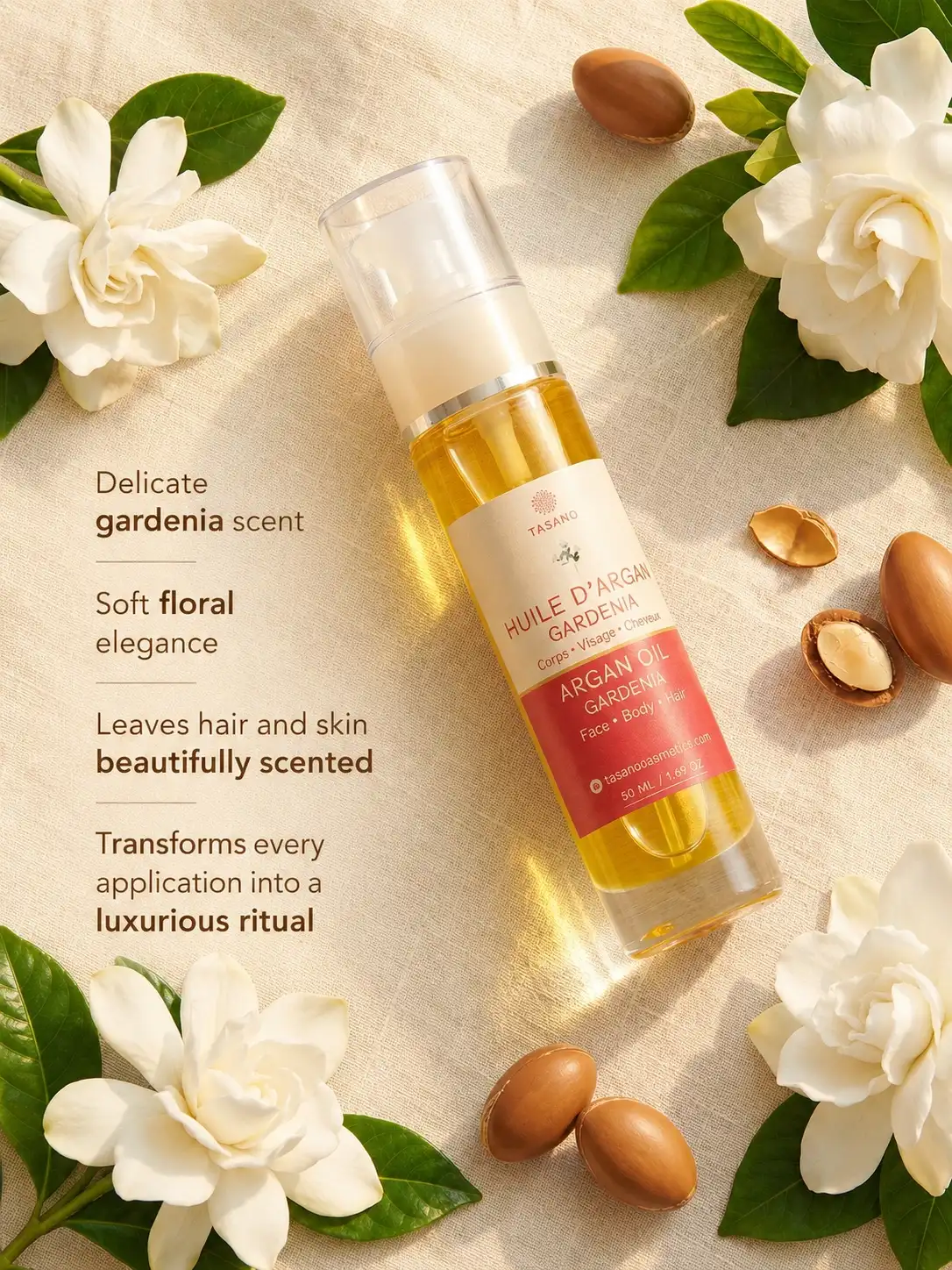 TASANO Gardenia Argan Oil with soft floral gardenia scent for hair and body
