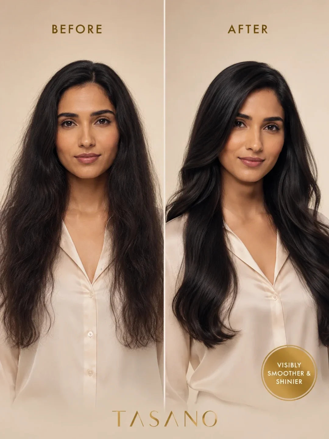 TASANO Gardenia Argan Oil before and after frizzy hair visibly smoother and shinier
