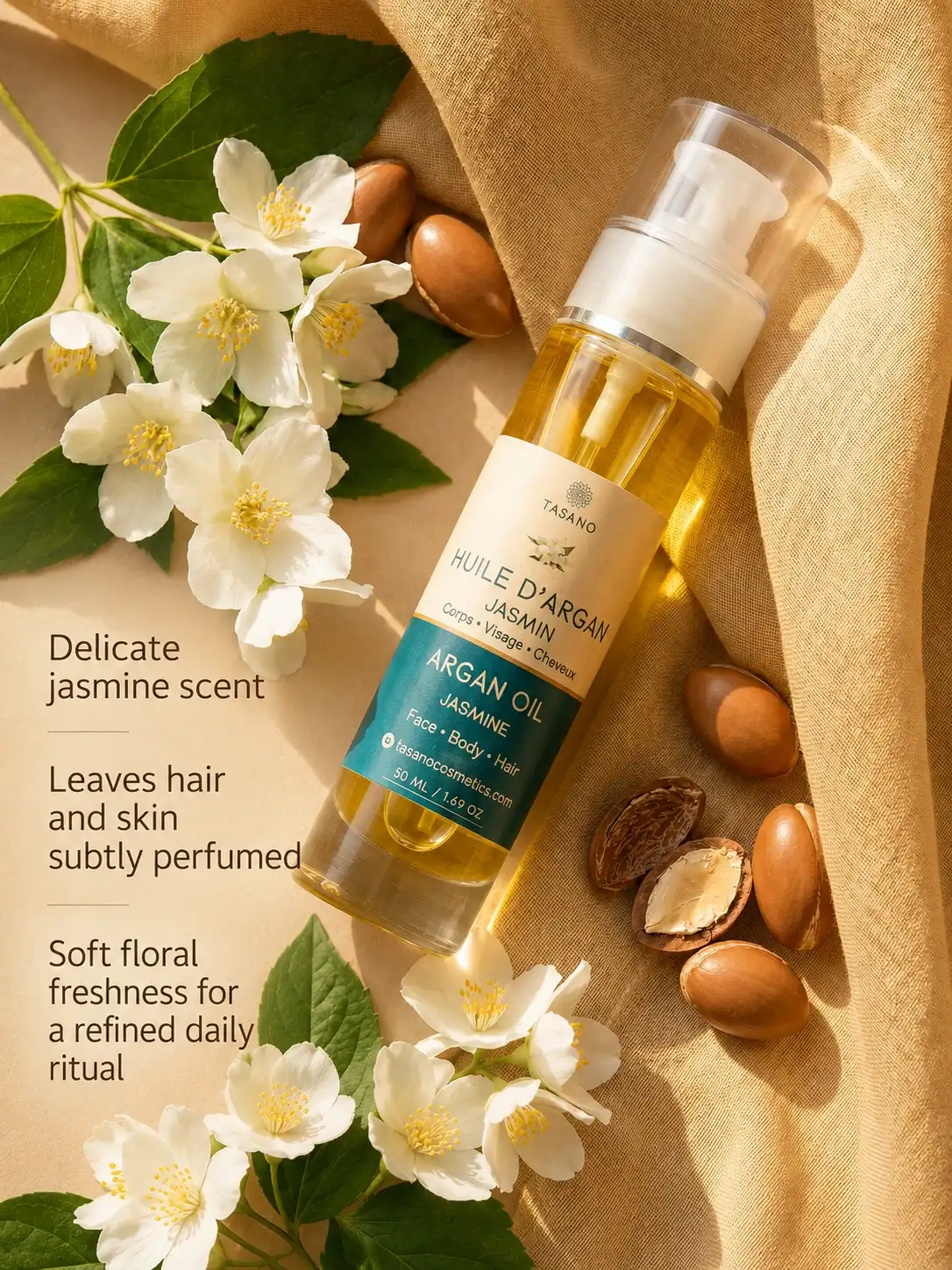 TASANO Jasmine Argan Oil scent benefits image with jasmine flowers and argan nuts highlighting a soft floral fragrance for hair, face and body.