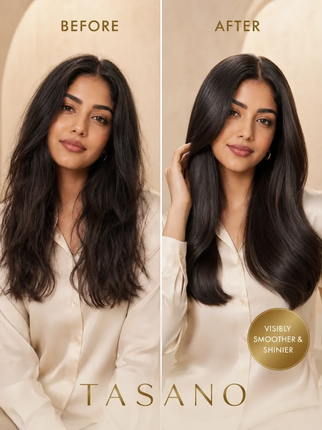 TASANO Jasmine Argan Oil before and after frizzy hair visibly smoother shinier and softer TASANO Jasmine Argan Oil before and after frizzy hair visibly smoother shinier and softer