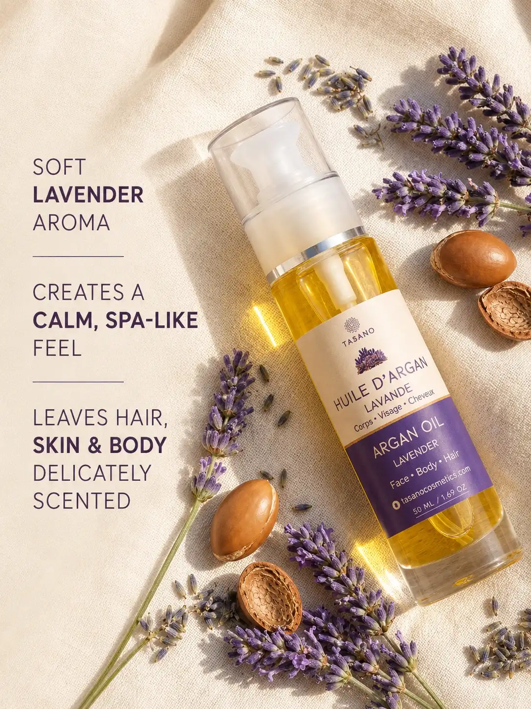 TASANO Lavender Argan Oil with lavender flowers and argan nuts, highlighting its calming floral scent and multi-use beauty benefits