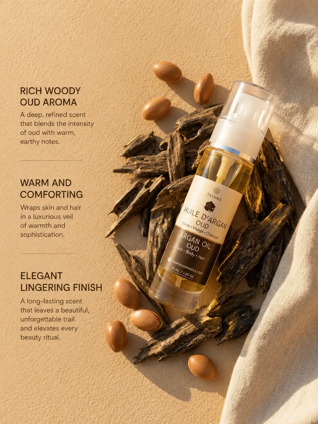 TASANO Oud Argan Oil scent description image with oud wood pieces and argan kernels, showcasing a warm woody fragrance for hair, face and body.