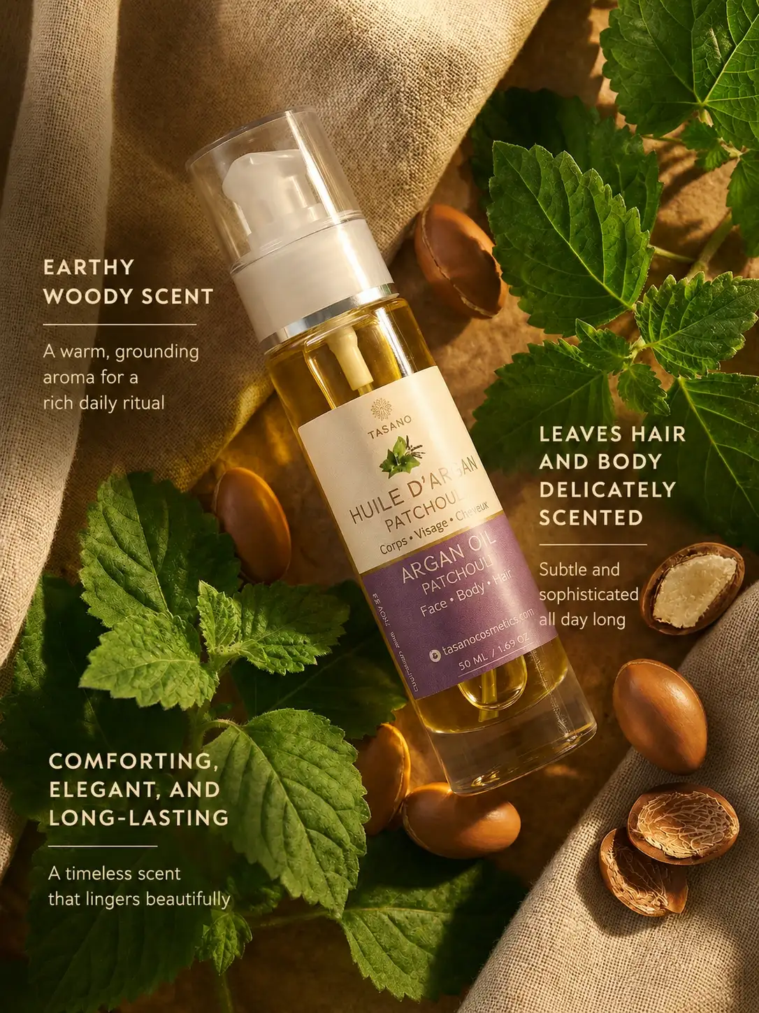 TASANO Patchouli Argan Oil scent description image with fresh patchouli and argan kernels, showcasing a warm earthy fragrance for hair, face and body.