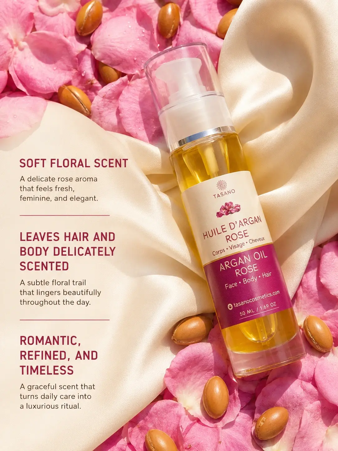 TASANO Rose Argan Oil with soft floral rose scent for hair and body