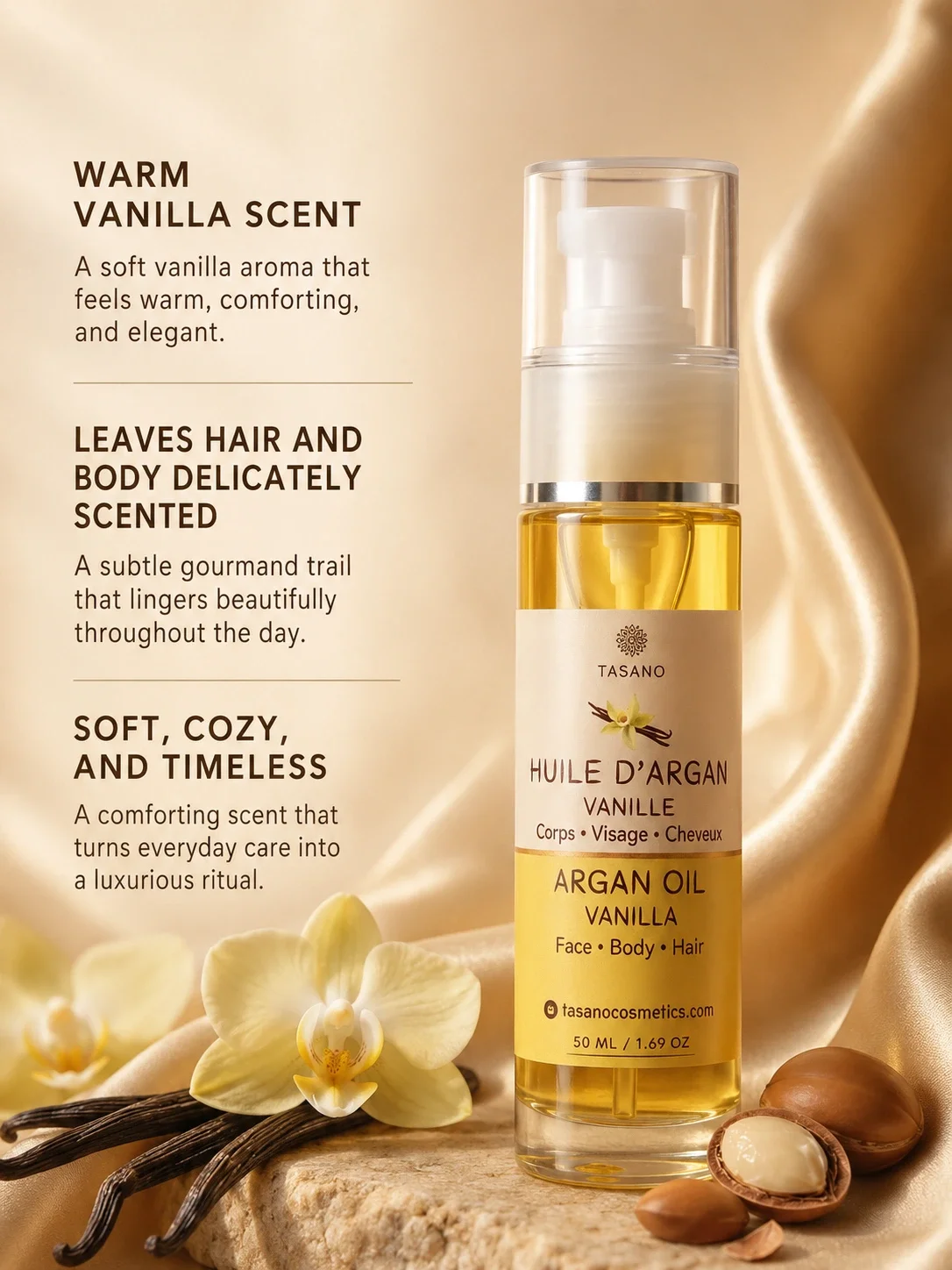 TASANO Vanilla Argan Oil with warm vanilla scent for hair and body