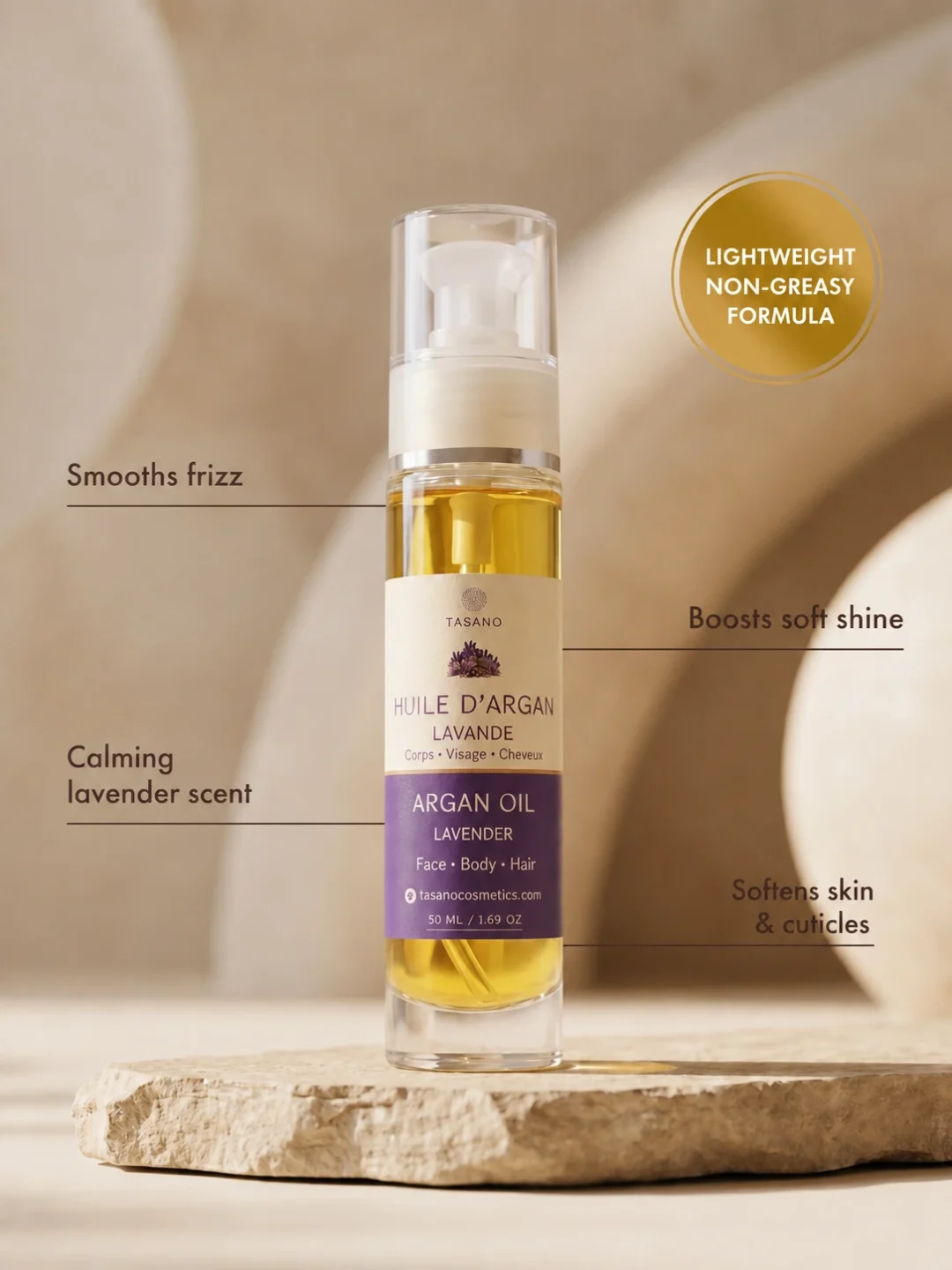 TASANO Lavender Argan Oil benefits for frizz shine lavender scent and soft cuticles
