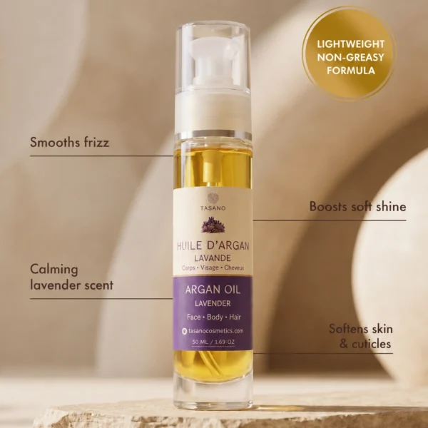 TASANO Lavender Argan Oil benefits for frizz shine lavender scent and soft cuticles