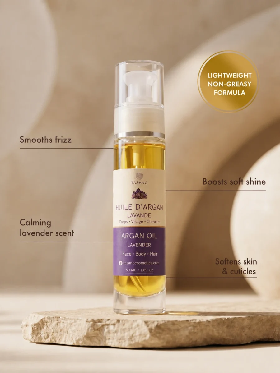 TASANO Lavender Argan Oil benefits for frizz shine lavender scent and soft cuticles