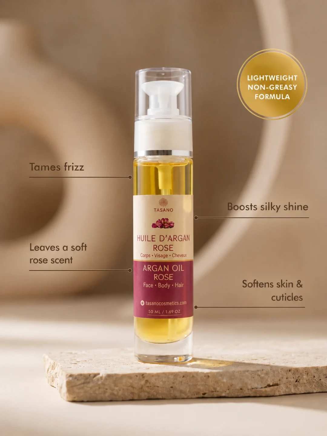 TASANO Rose Argan Oil benefits for frizz silky shine soft rose scent and cuticles
