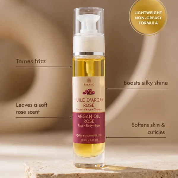 TASANO Rose Argan Oil benefits for frizz silky shine soft rose scent and cuticles