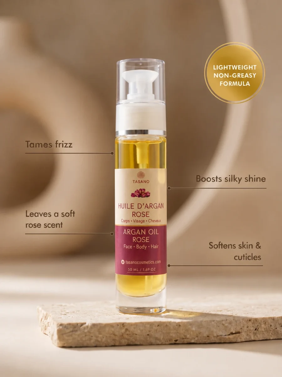 TASANO Rose Argan Oil benefits for frizz silky shine soft rose scent and cuticles