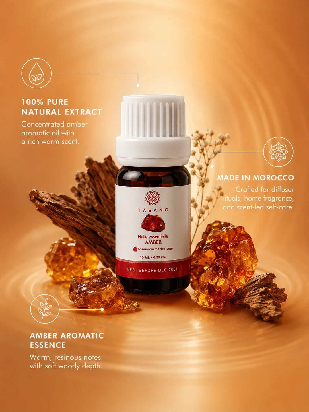 TASANO amber essential oil bottle with amber resin-inspired elements, highlighting 100% pure natural extract made in Morocco.