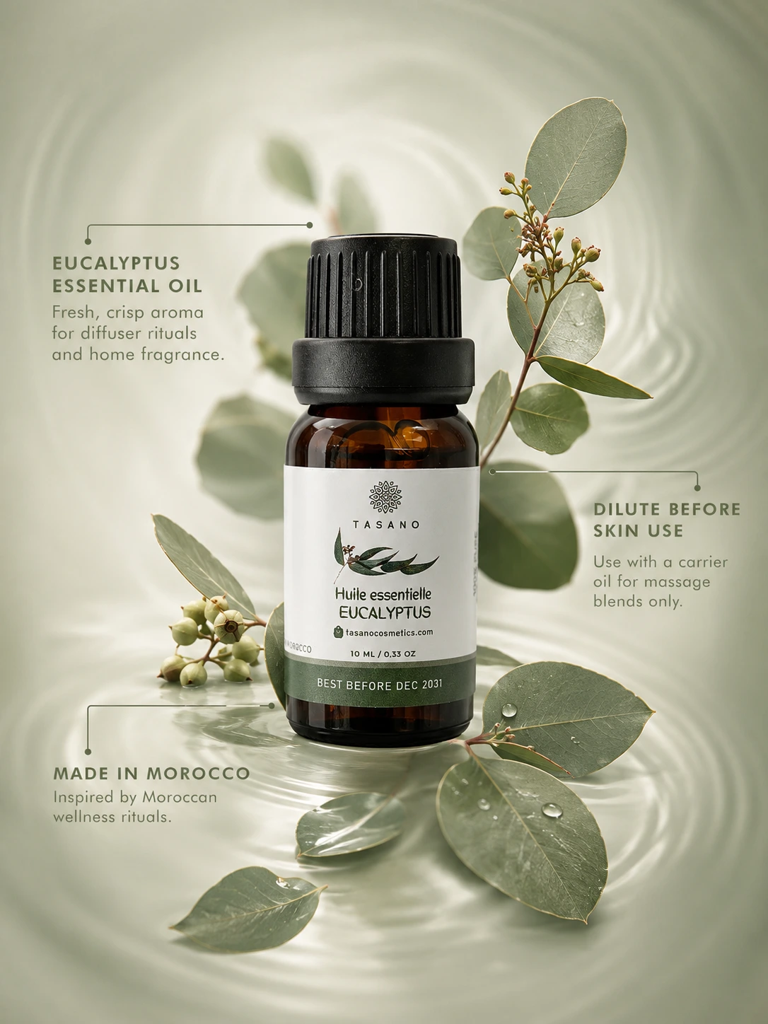 TASANO eucalyptus essential oil bottle with eucalyptus leaves, highlighting 100% pure natural extract made in Morocco.