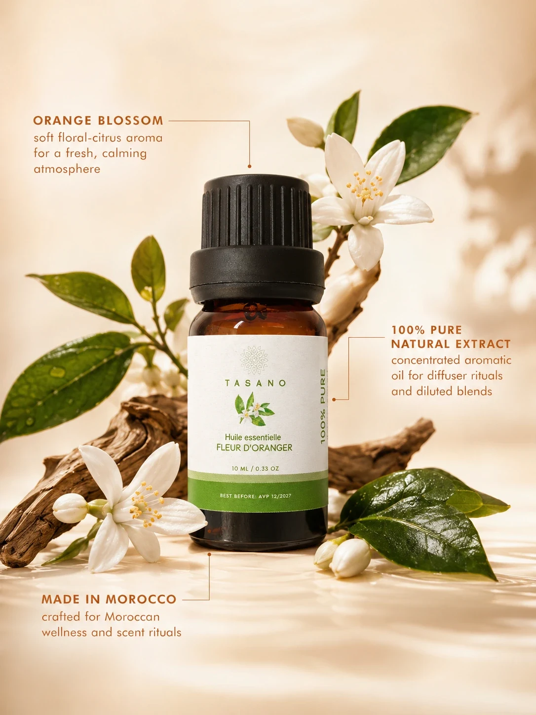 TASANO orange blossom essential oil bottle with orange blossom flowers, highlighting 100% pure natural extract made in Morocco.