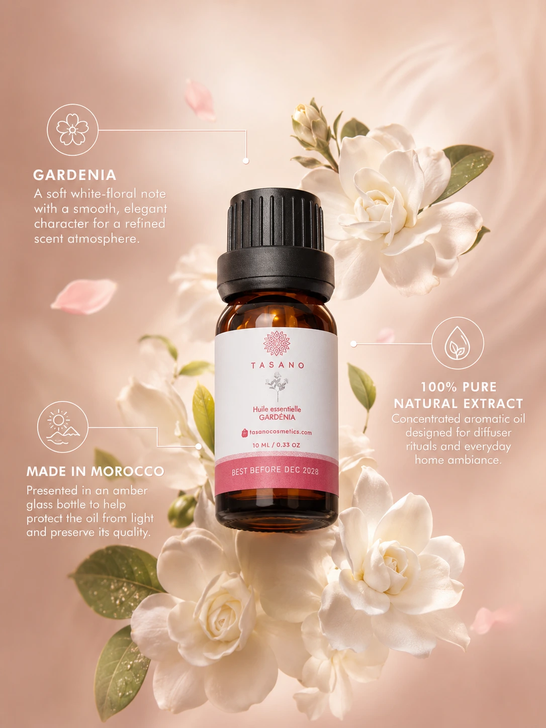 TASANO gardenia essential oil bottle with gardenia flowers, highlighting 100% pure natural extract made in Morocco.