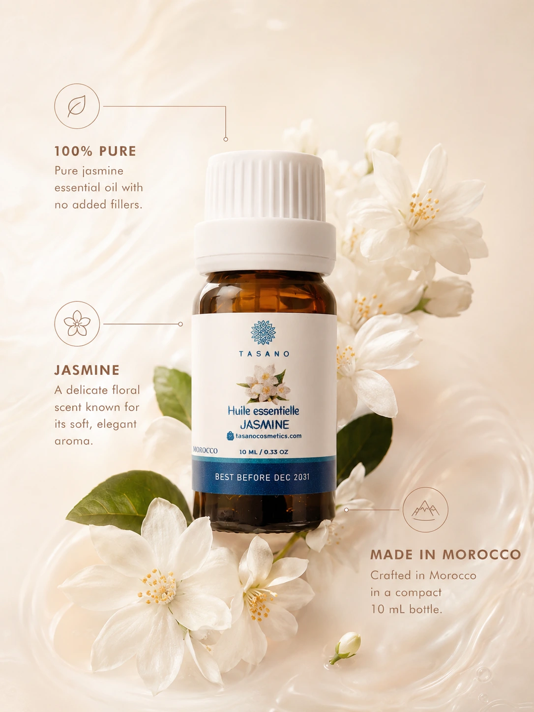 TASANO jasmine essential oil bottle with jasmine flowers, highlighting 100% pure natural extract made in Morocco.