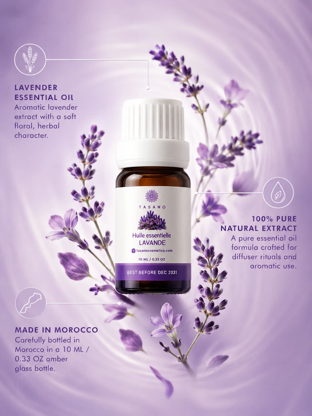 TASANO lavender essential oil bottle with lavender flowers, highlighting 100% pure natural extract made in Morocco.