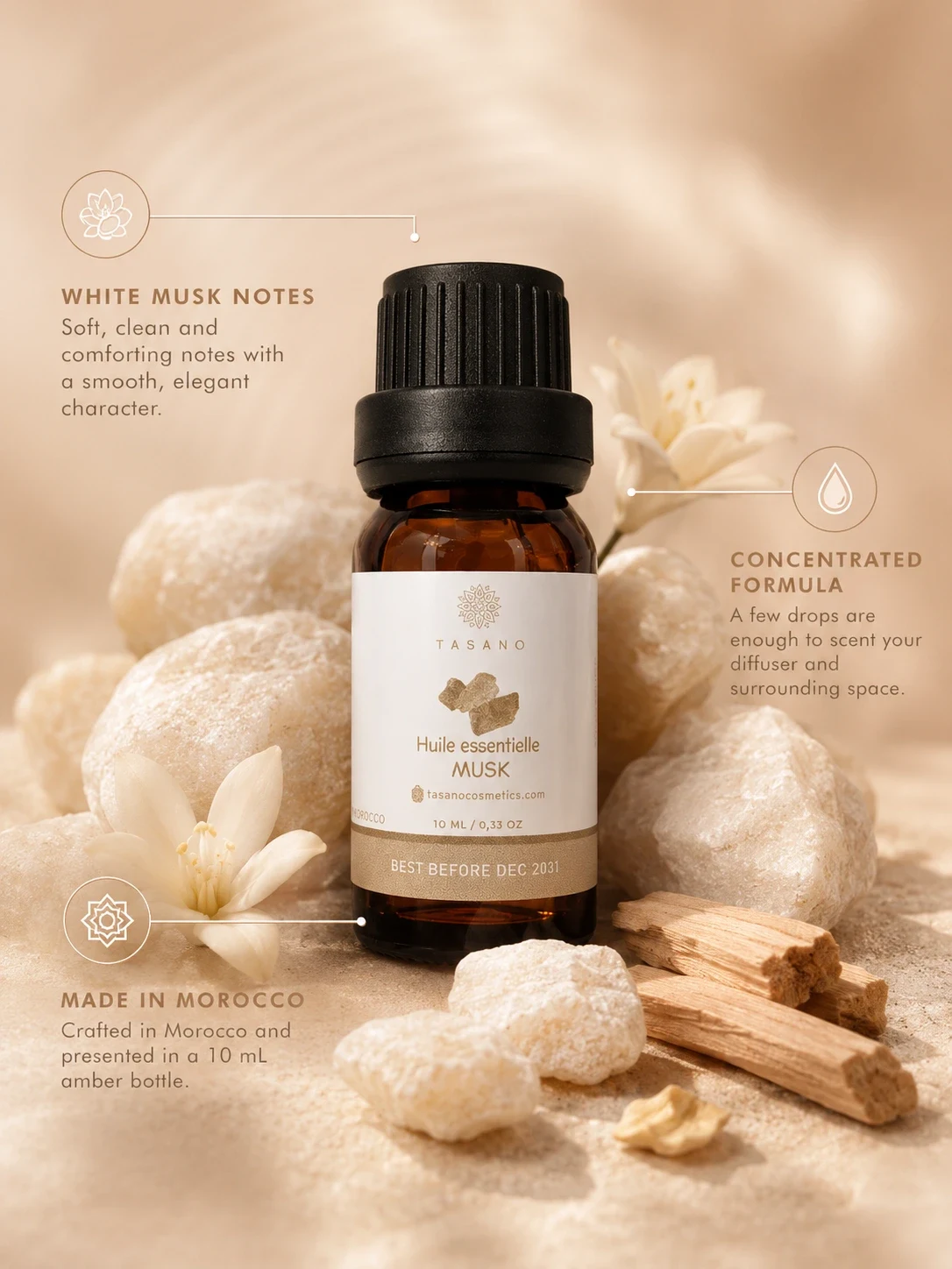 TASANO Musk essential oil bottle with white musk stones, highlighting a 100% pure natural extract made in Morocco for diffuser and home fragrance use.