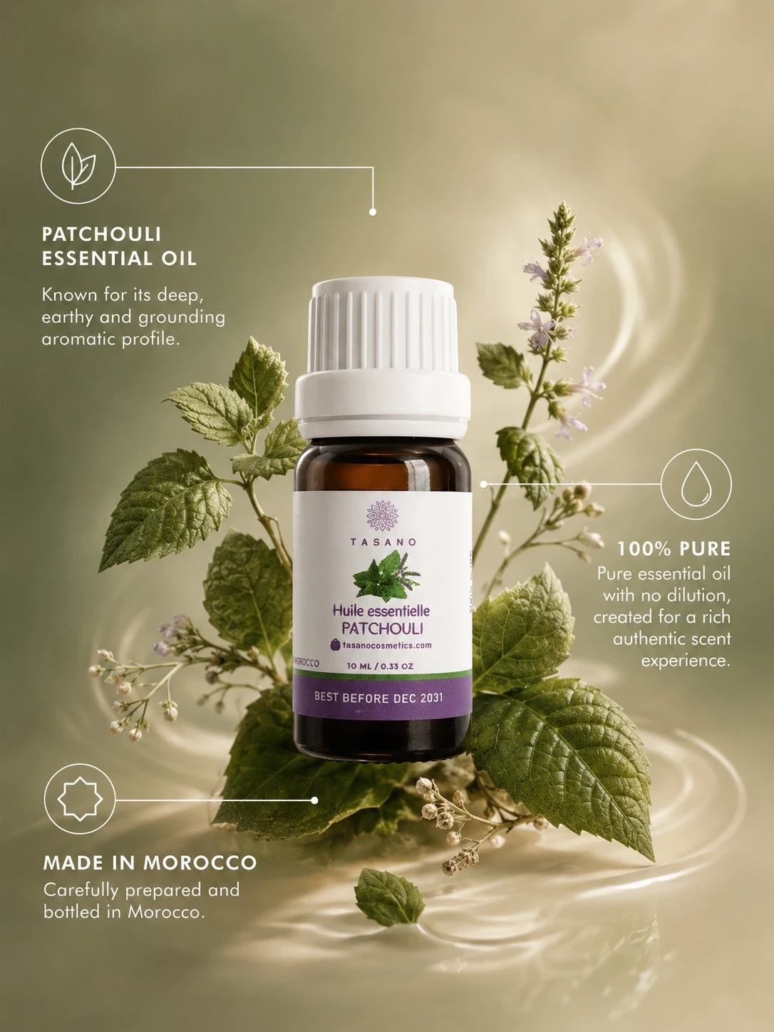 TASANO Patchouli essential oil bottle with patchouli leaves, highlighting a 100% pure natural extract made in Morocco for diffuser and aromatic home use.