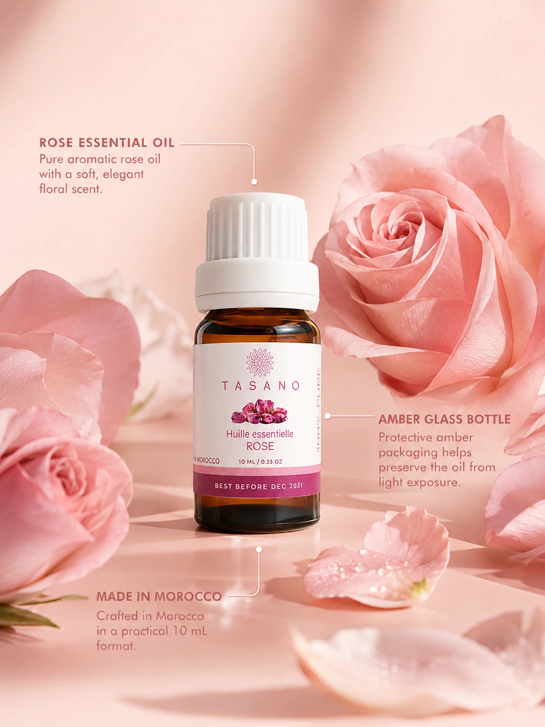 TASANO Rose essential oil bottle with rose petals, highlighting a 100% pure natural extract made in Morocco for diffuser and floral home fragrance use.