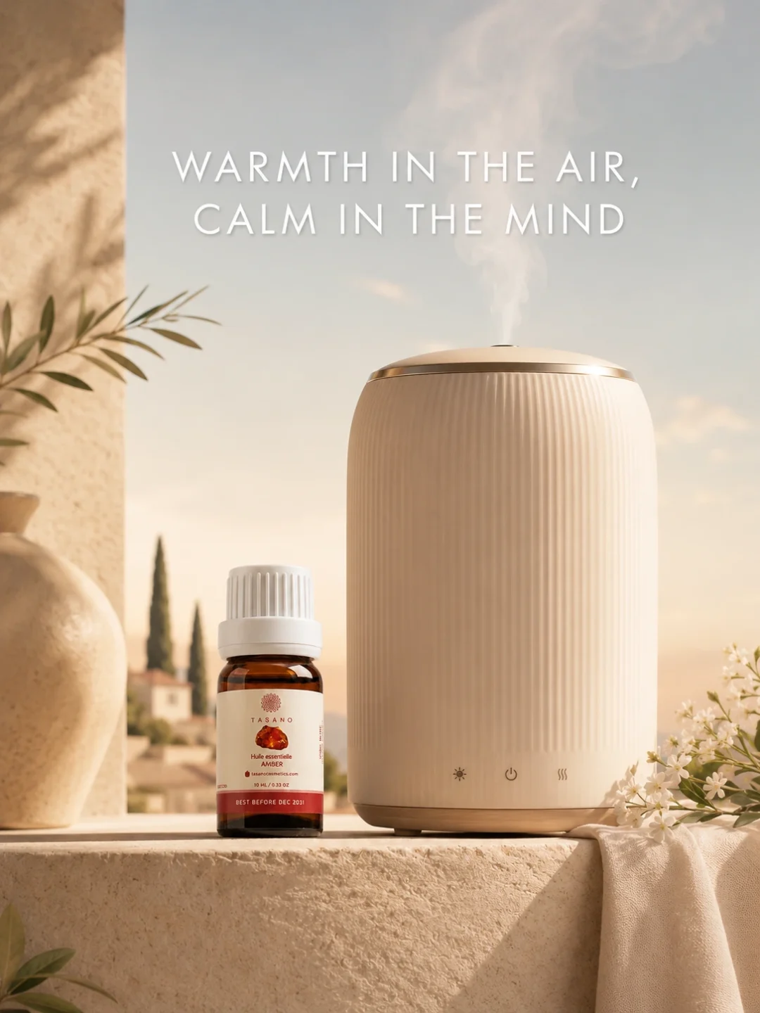 TASANO Amber Essential Oil beside an active diffuser for a warm, resinous Moroccan aromatherapy atmosphere at home.