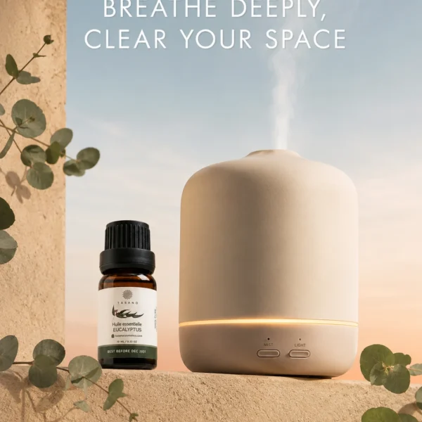 TASANO Eucalyptus Essential Oil beside an active diffuser for a fresh, clean, breathing-space aromatherapy ritual.