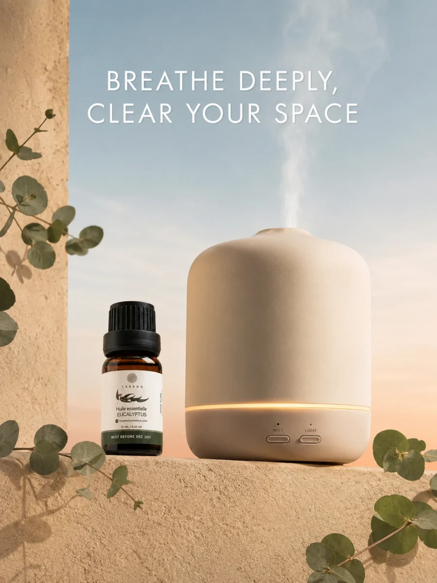TASANO Eucalyptus Essential Oil beside an active diffuser for a fresh, clean, breathing-space aromatherapy ritual.