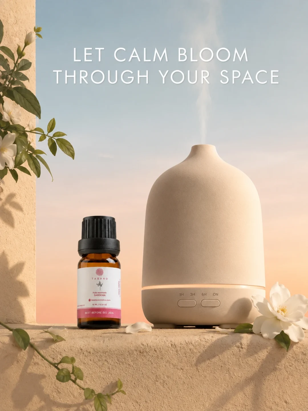 TASANO Gardenia Essential Oil beside an active diffuser for a soft floral home fragrance and calming atmosphere.