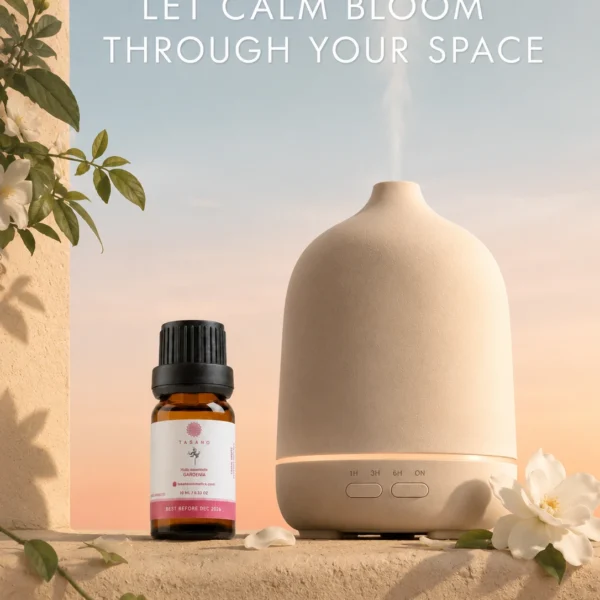 TASANO Gardenia Essential Oil beside an active diffuser for a soft floral home fragrance and calming atmosphere.