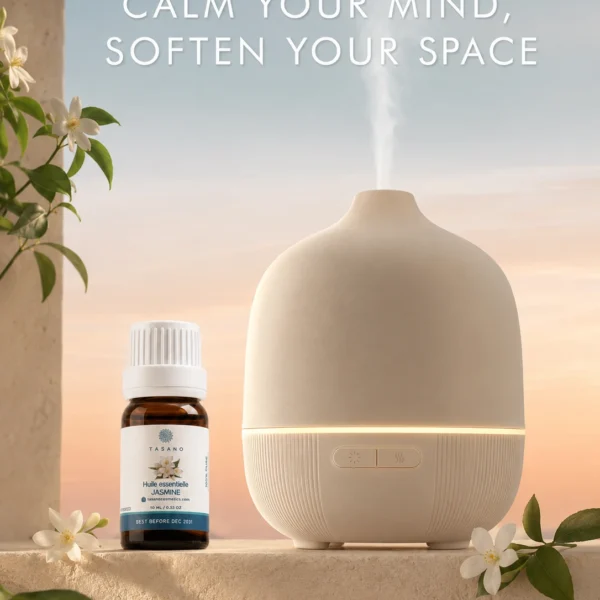 TASANO Jasmine Essential Oil beside an active diffuser for a sensual floral Moroccan aromatherapy atmosphere. TASANO Jasmine Essential Oil beside an active diffuser for a sensual floral Moroccan aromatherapy atmosphere.