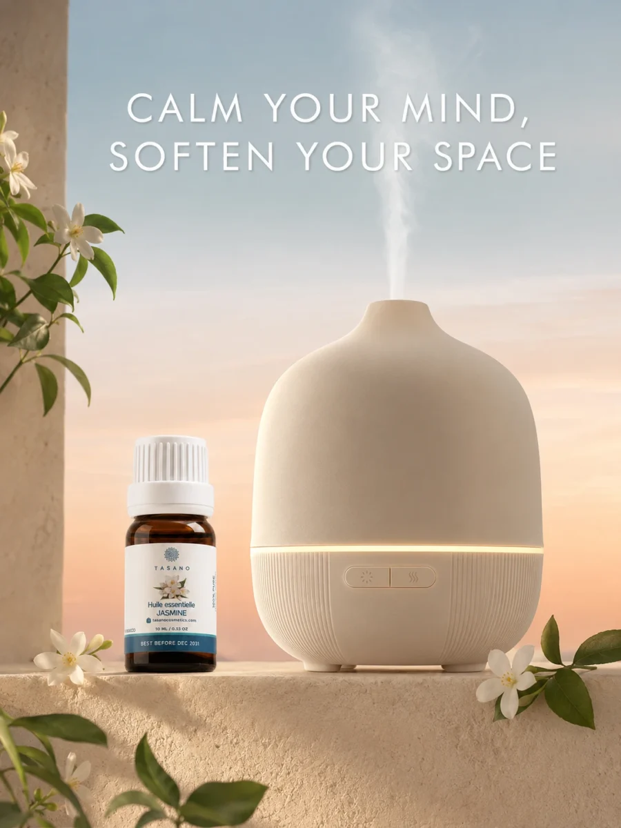 TASANO Jasmine Essential Oil beside an active diffuser for a sensual floral Moroccan aromatherapy atmosphere.