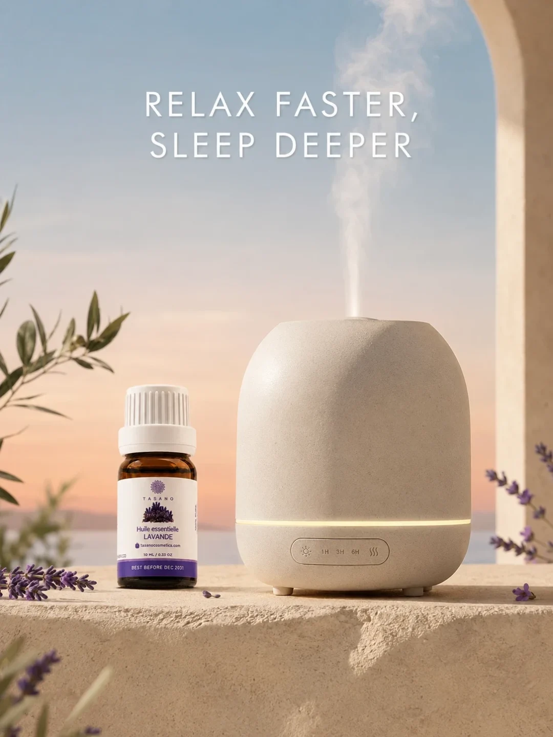TASANO Lavender Essential Oil beside an active diffuser for a relaxing bedtime aromatherapy ritual at home.