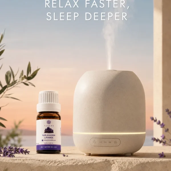 TASANO Lavender Essential Oil beside an active diffuser for a relaxing bedtime aromatherapy ritual at home.