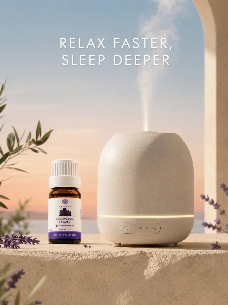 TASANO Lavender Essential Oil beside an active diffuser for a relaxing bedtime aromatherapy ritual at home.