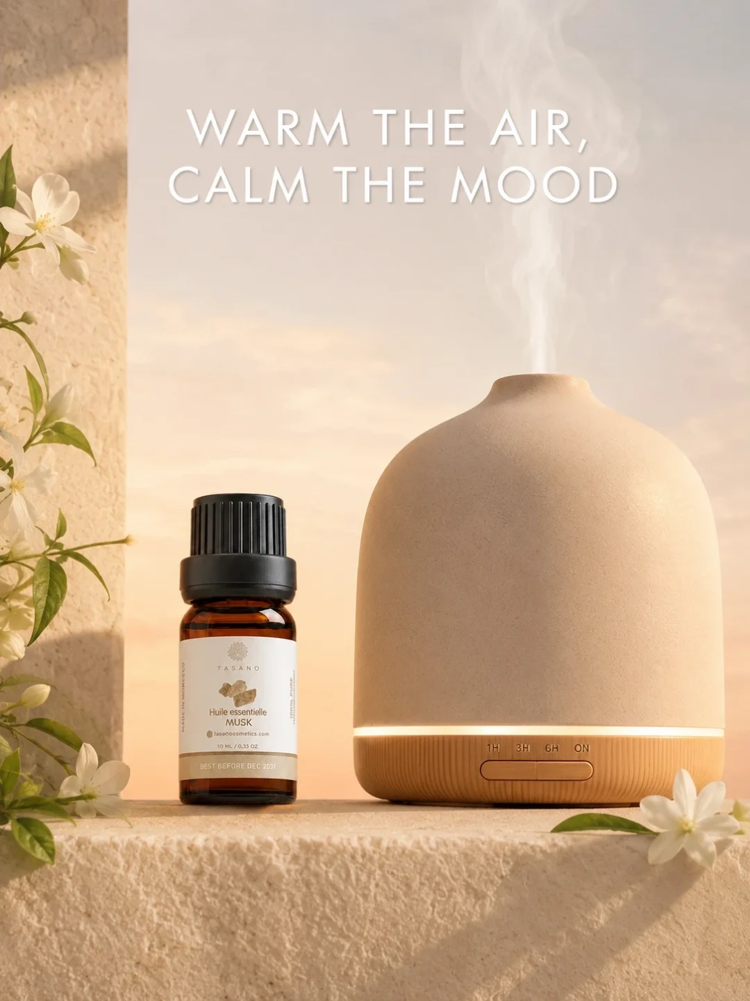 TASANO Musk Essential Oil beside an active diffuser for a warm, intimate, musky Moroccan aromatherapy atmosphere.