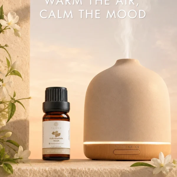 TASANO Musk Essential Oil beside an active diffuser for a warm, intimate, musky Moroccan aromatherapy atmosphere.