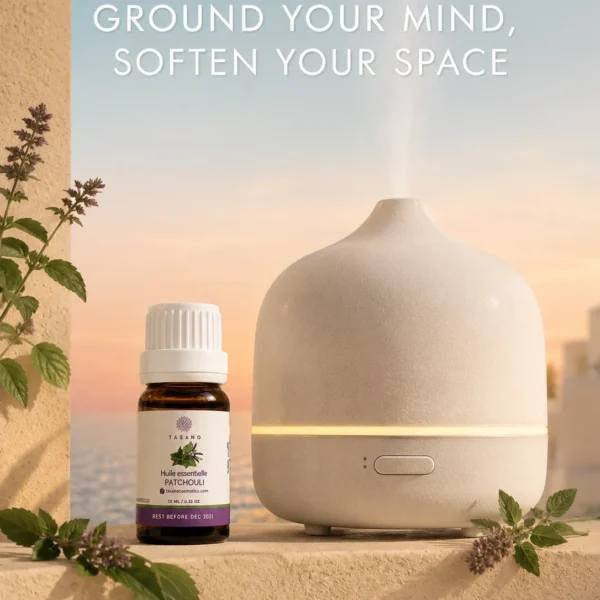 TASANO Patchouli Essential Oil beside an active diffuser for a grounding earthy aromatherapy atmosphere.
