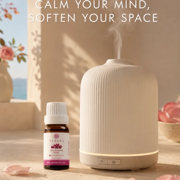 TASANO Rose Essential Oil beside an active diffuser for a romantic floral Moroccan aromatherapy atmosphere.