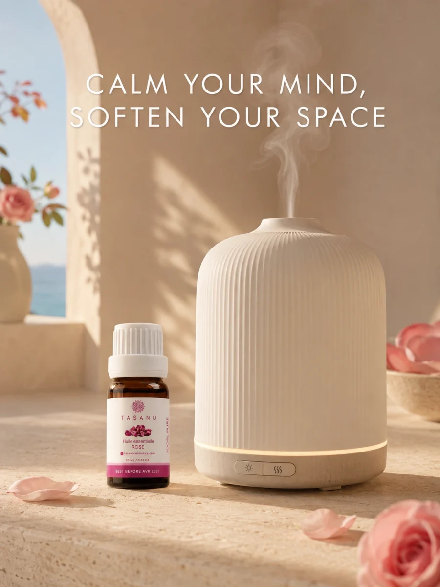 TASANO Rose Essential Oil beside an active diffuser for a romantic floral Moroccan aromatherapy atmosphere.
