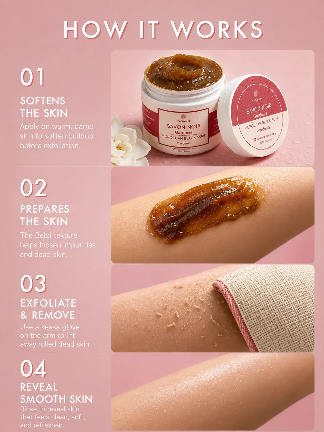 How Gardenia Moroccan Soap works – softens skin before kessa glove exfoliation and dead skin removal