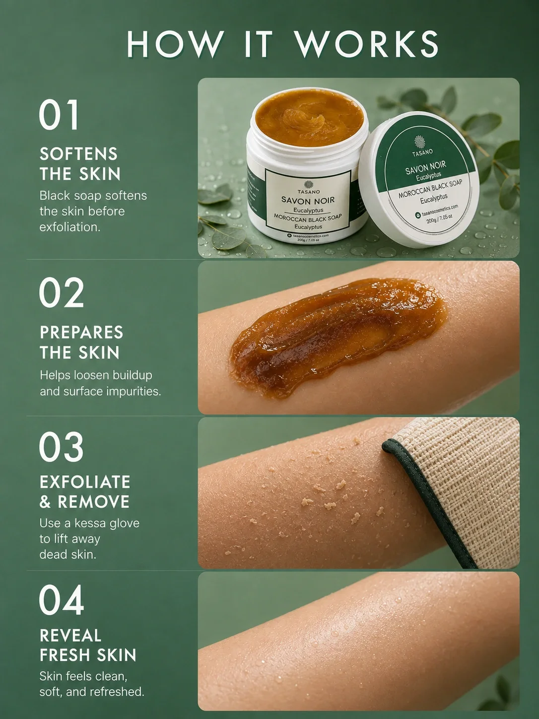 How Eucalyptus Moroccan Soap works – softens body skin before kessa exfoliation and dead skin removal
