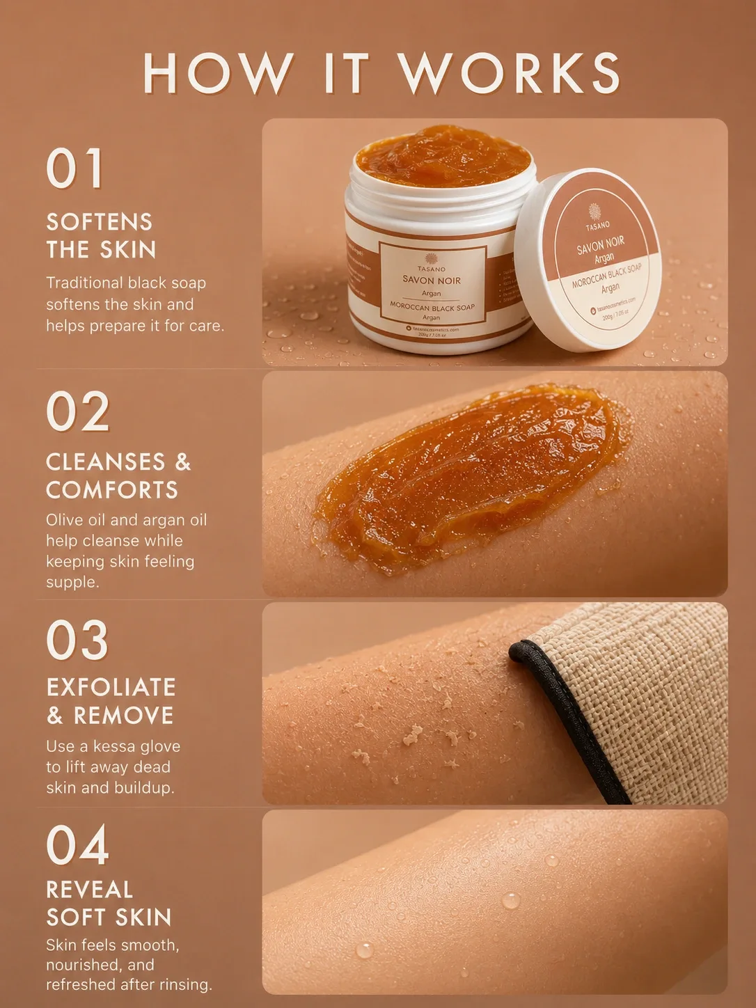 How Argan Moroccan Soap works – softens and cleanses skin before kessa glove body exfoliation
