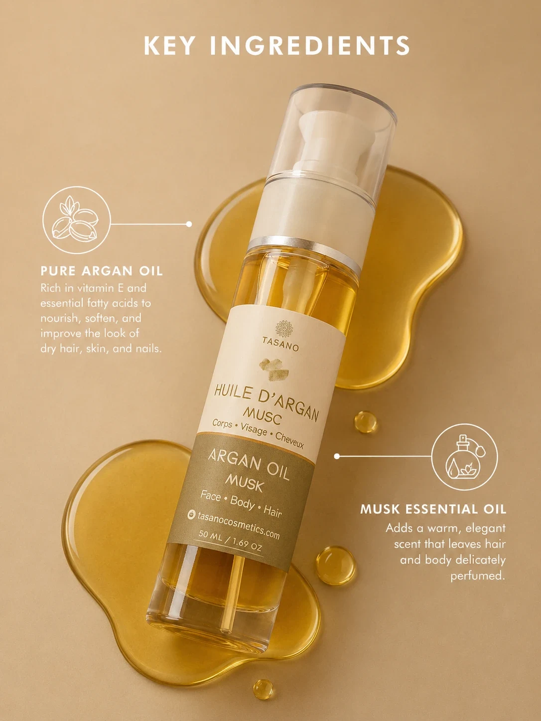 TASANO Musk Argan Oil formula with pure Moroccan argan oil and musk