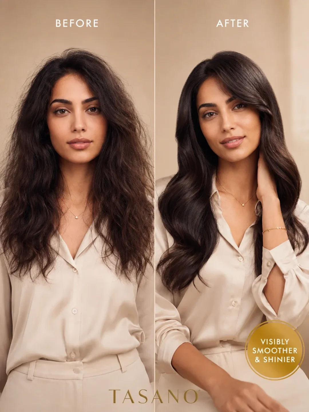 Before and after hair results showing smoother frizz and softer shine with TASANO Musk Argan Oil