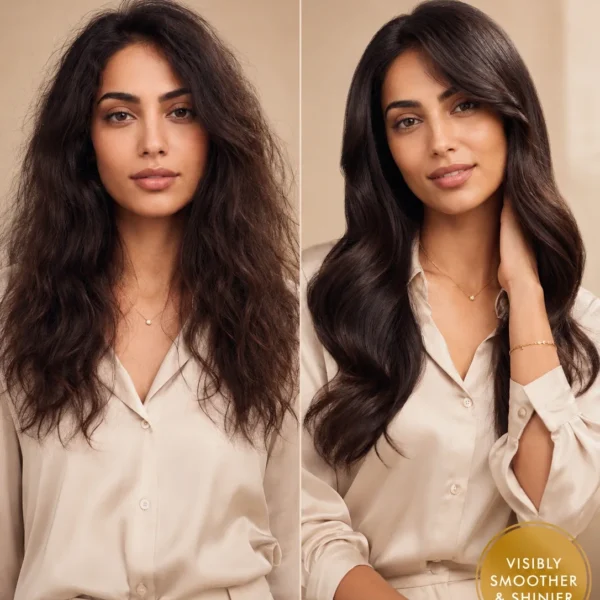 Before and after hair results showing smoother frizz and softer shine with TASANO Musk Argan Oil