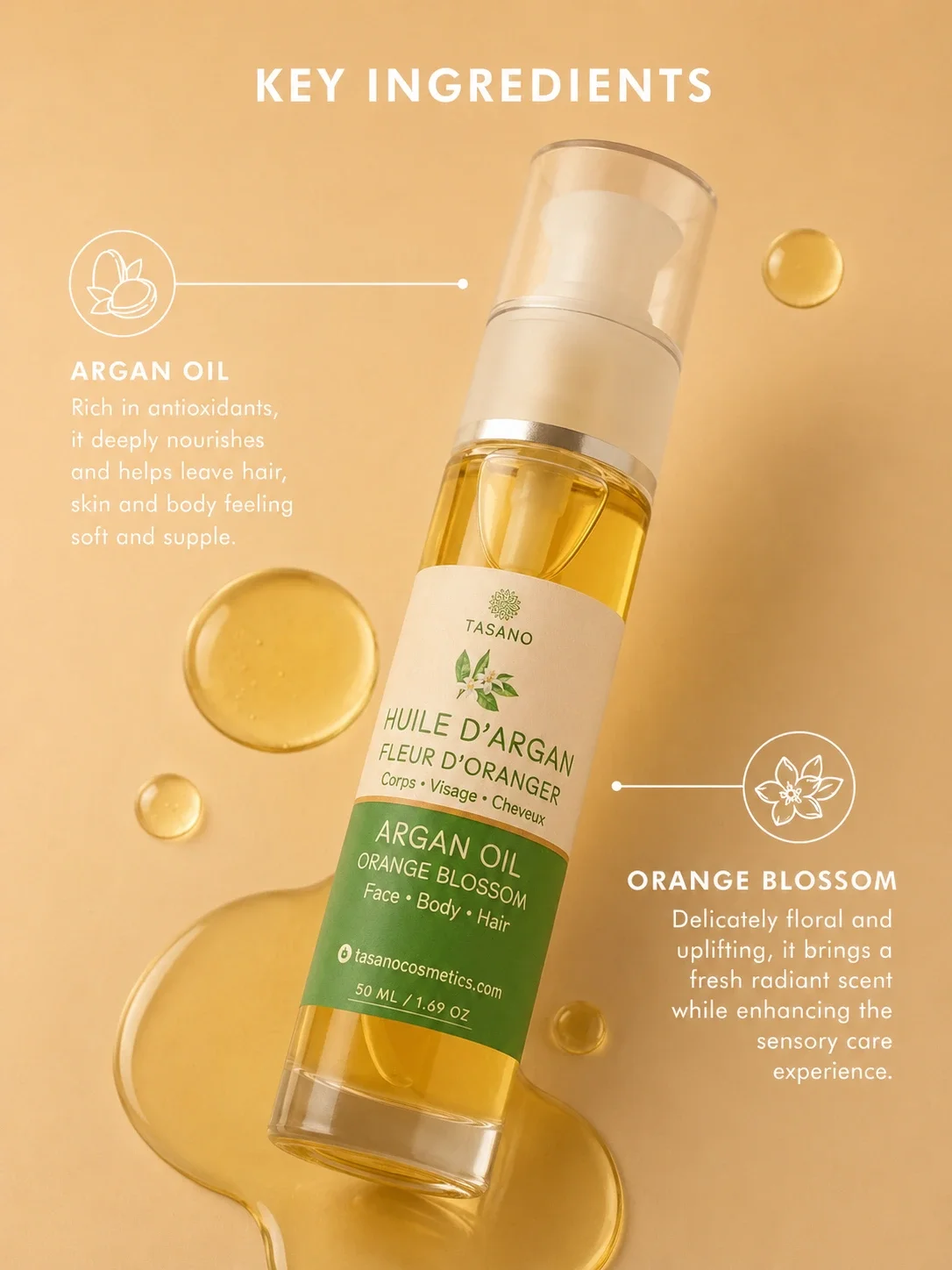 TASANO Orange Blossom Argan Oil with Moroccan argan oil and orange blossom scent