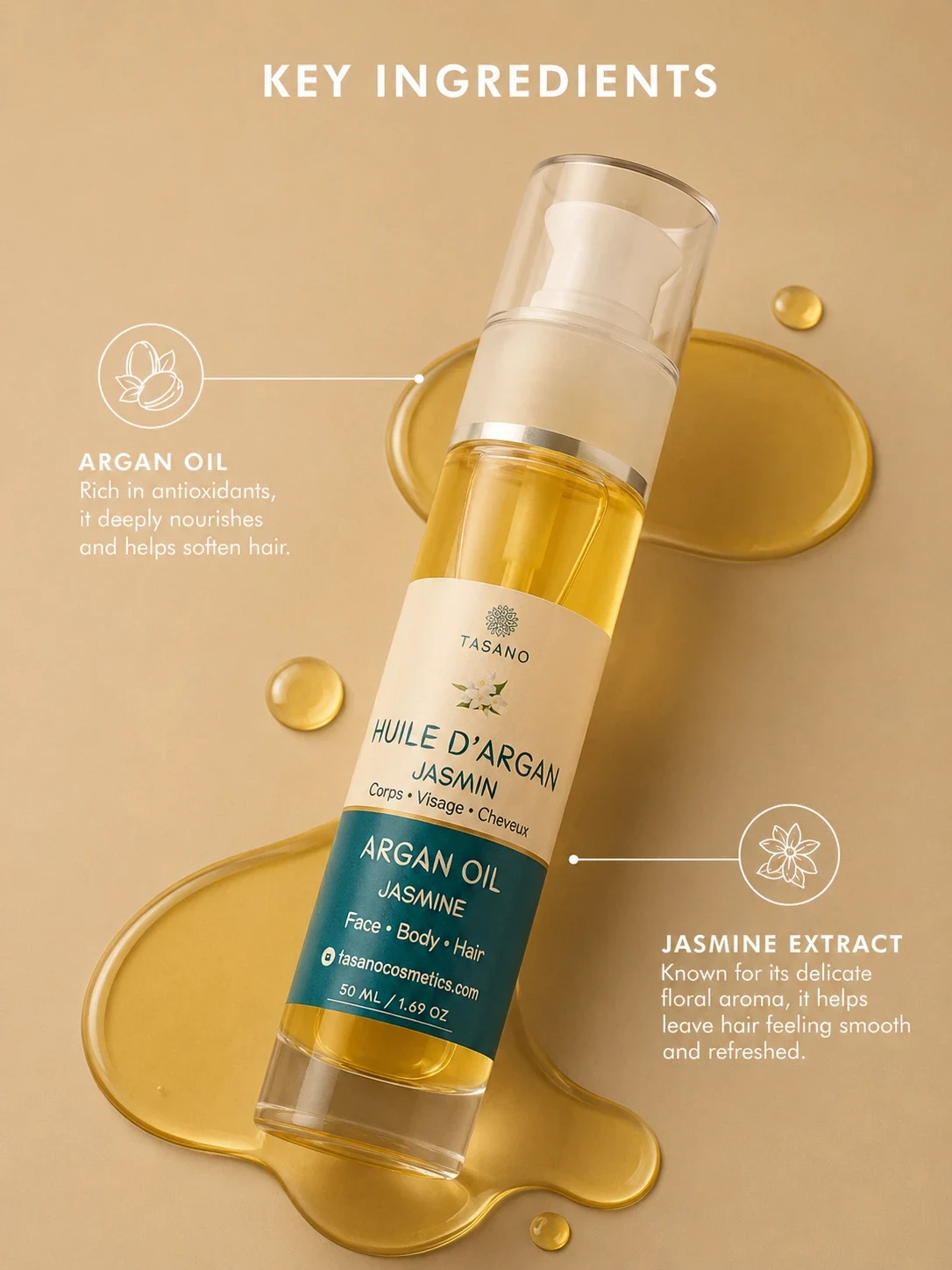 TASANO Jasmine Argan Oil key ingredients image showing the original bottle with argan oil and nourishing botanical ingredients for hair, face and body.